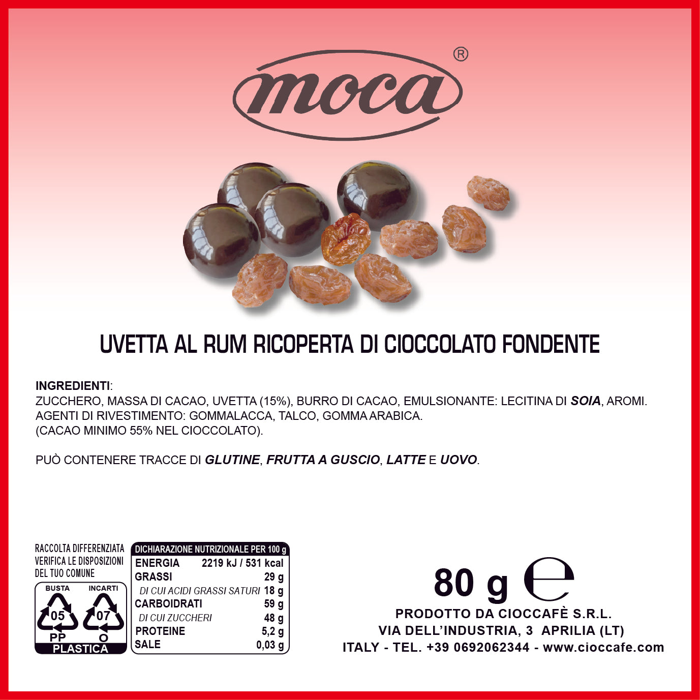 Bolero Moca - Uvetta al rum ricoperta di cioccolato fondente confezionata singolarmente 80 g.