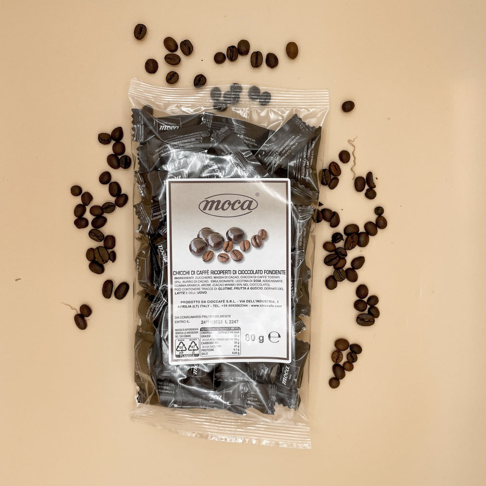 Moca Coffee Beans - Dark chocolate-covered coffee beans, individually packaged, 80 g.