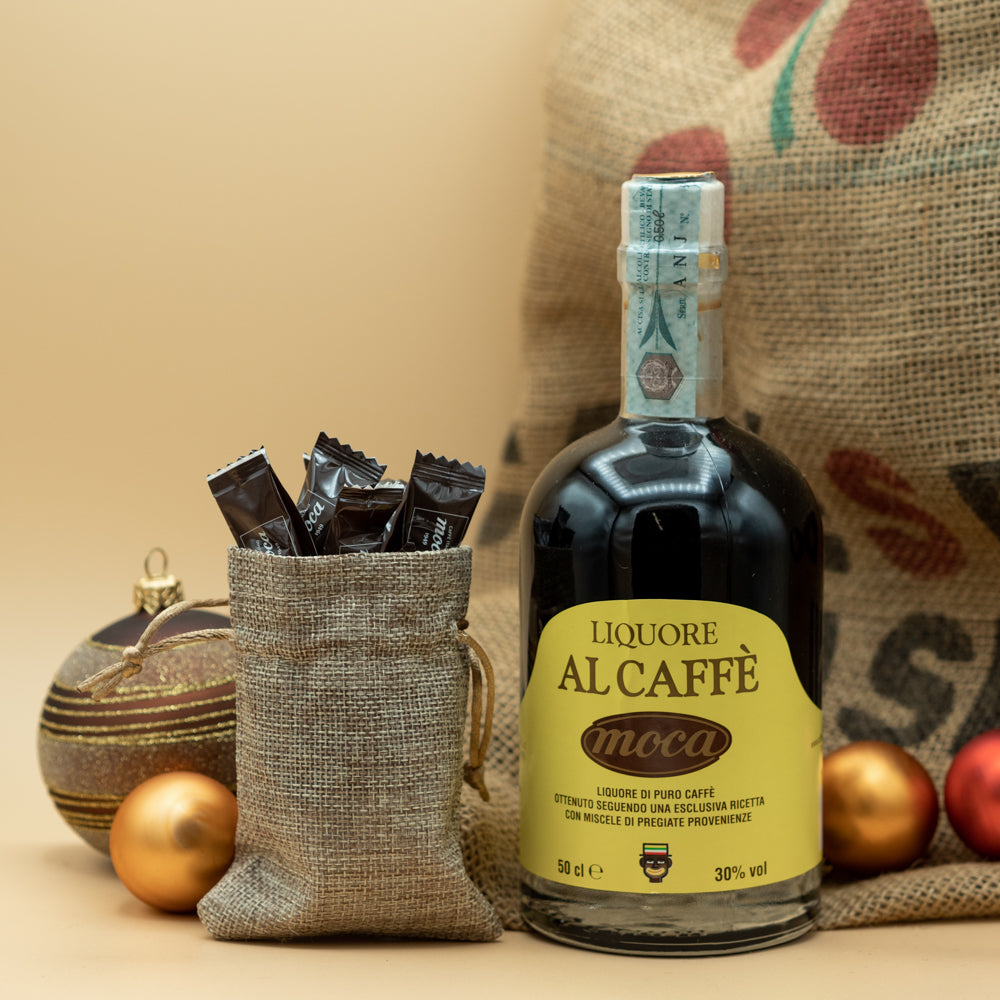 Liquore al Caffè e Confezione Juta con 25g Cioccaffè