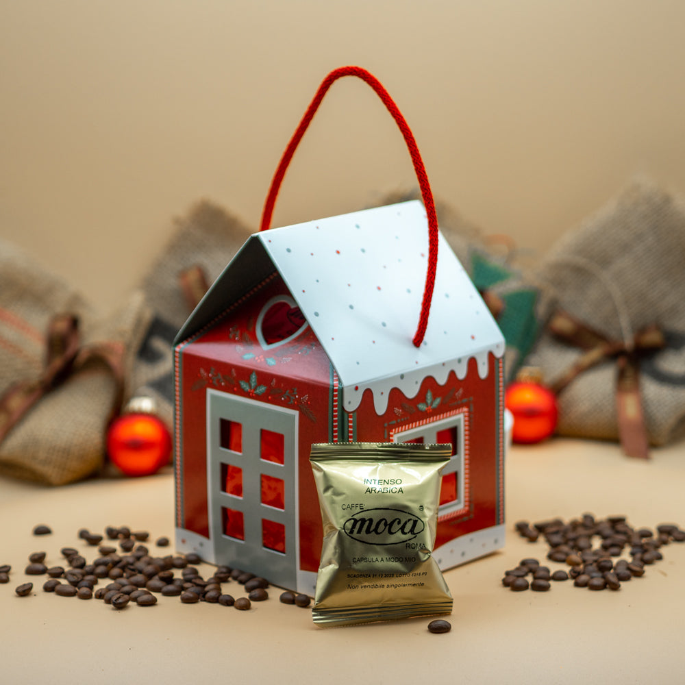 Casetta natalizia con 12 capsule di caffè - Compatibili A Modo Mio