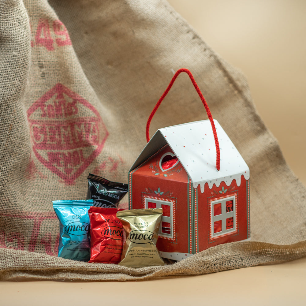 Casetta natalizia con 12 capsule di caffè - Compatibili Nespresso